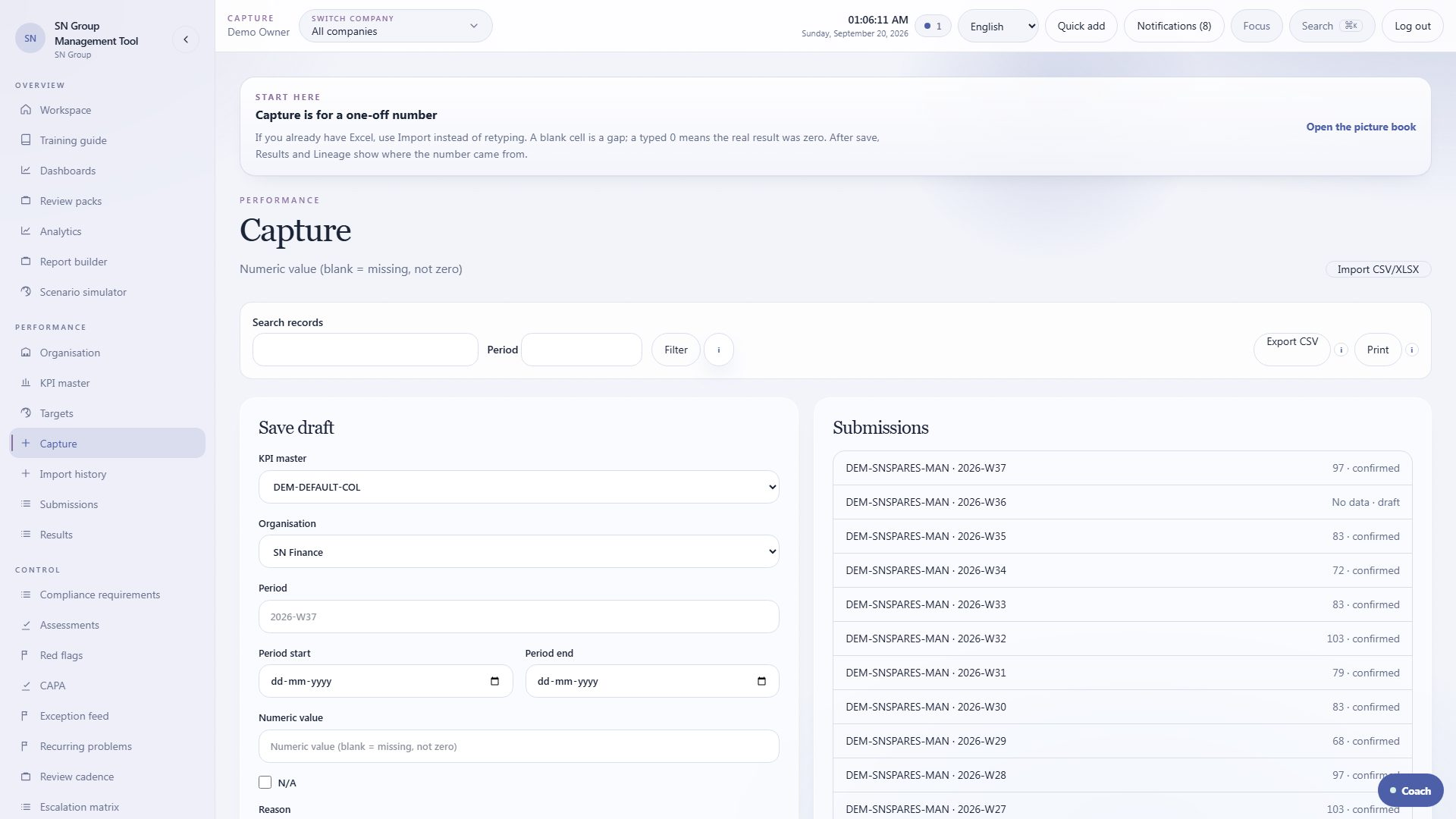 Capture screen for entering or importing a period